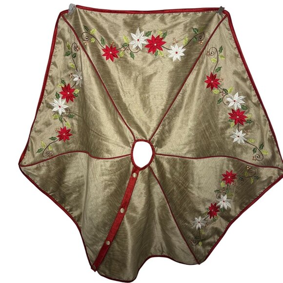 Earl & Wilson Christmas Tree Skirt Embroidered Gold Red Poinsettia Button Classi - Picture 1 of 6